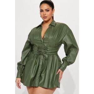 Fashion Nova Olive Green Faux Leather Lace-Up Mini Dress